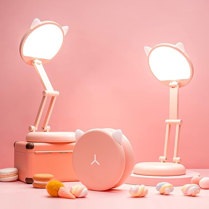 One Fire Cute Desk Lamp Pink Dorm Lamps for College Girls Foldable Portable Rechargeable Dimmable Cute Cat Lamp Kawaii Room Decor,College Dorm Decor for Girls Pink Classroom Essentials - Bloomnest