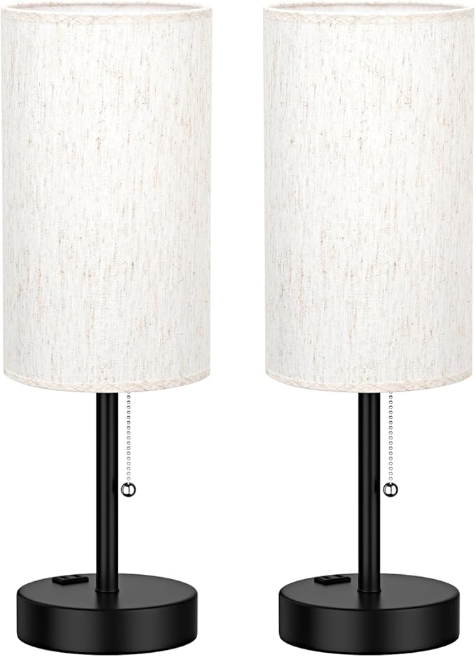 Fenmzee Plus Bedside Table Lamps Set of 2-3 Color Temperatures Pull Chain Lamp with AC Outlet Charging Port, Round Night Stand Lamps for Bedroom Guest Room Office, Bed Side Light with E26 LED Bulbs - Bloomnest