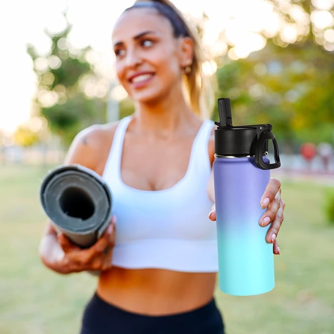 Volhoply Kids Insulated Water Bottle with Straw,16oz Stainless Steel Cold Water Bottles for School,BPA-Free Metal Wide Mouth Cups with Handle,Reusable Double Wall Vacuum Sport Flask(Purple Blue,1) - Bloomnest