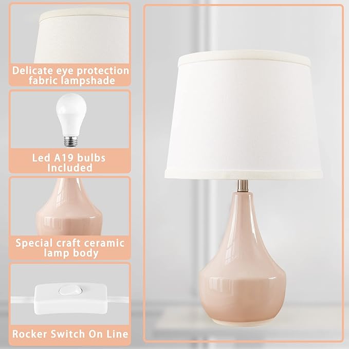 GyroVu Table Lamp Set of 2, 18.63” Ceramic Lamp Classic Beside Lamps Nightstand Lamp Modern Bedside Lamp for Living Room, Bedroom & Office Rocker Swtich Pink-LED Bulbs Included - Bloomnest