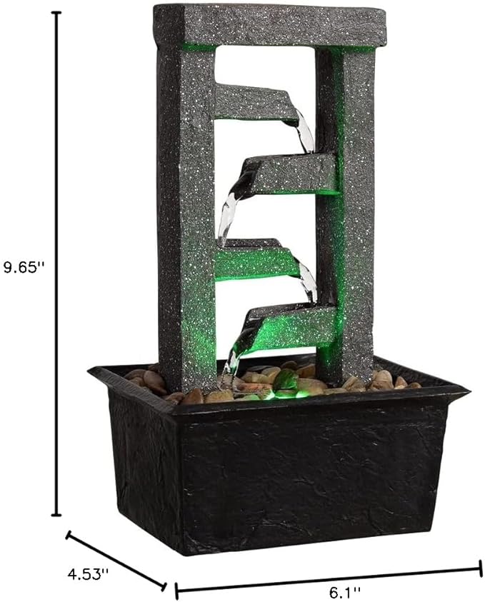 GOSSI 10" H 4 Tiered Cascading Rectangle Indoor Desktop Fountain with Natural River Rocks and RGB Color Changing LED Lights Home/Office Decoration Meditiation Resin waterfull Tabletop Fountain - Bloomnest