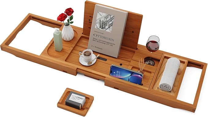 Yirilan Teak Bathtub Tray for Tub, Bath Table Tray for Tub Wood, Bathtub Caddy, Luxury Gift for House Warming, Wedding, Bridal Shower, Anniversary - Bloomnest