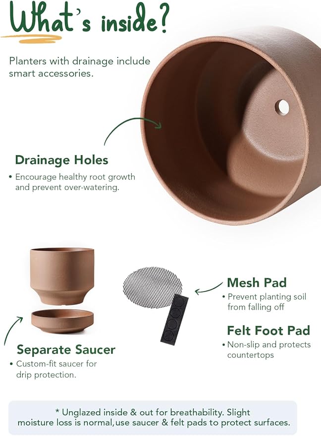 LE TAUCI Large 14 Inch Plant Pot with Saucer | Ceramic Outdoor & Indoor Big Planter Pot | Drainage Hole, Mesh Pad & Plug | Unglazed Porous | Modern Minimalist for Home and Patio – Terracotta Color - Bloomnest