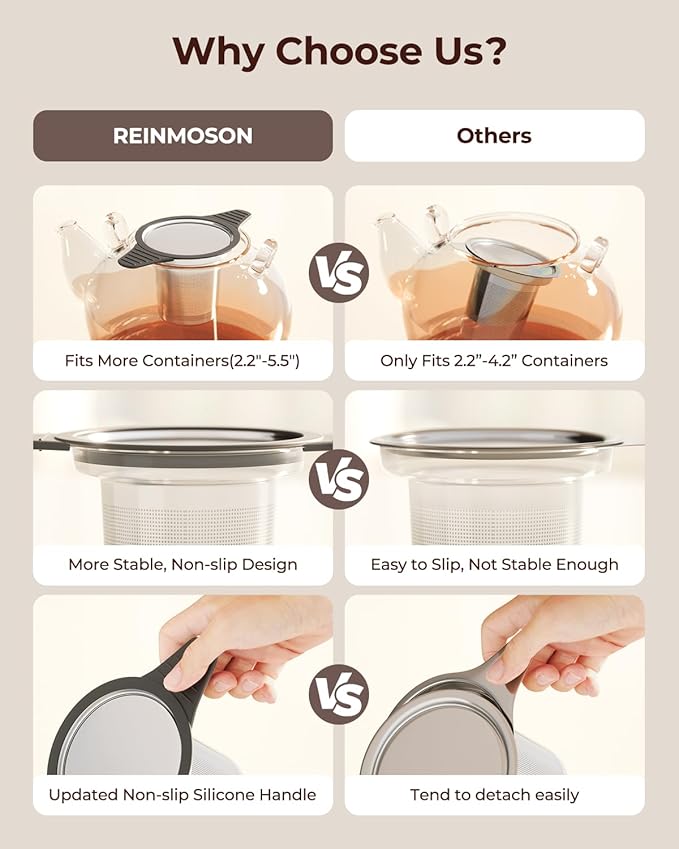 Reinmoson Large Tea Strainers & Filters for Loose Tea Single Cup, 304 Stainless Steel and Food Grade Silicone Extra Fine Mesh Tea Infusers for Loose Tea - Bloomnest