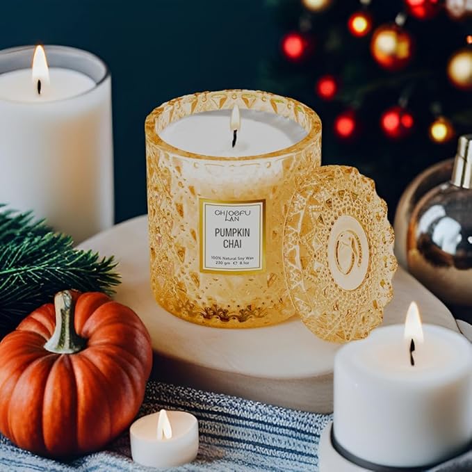 Chloefu LAN Pumpkin Chai Candles Halloween Candle Gift, Farmhouse Candles for Home, Luxury Scented Soy Jar Fall Candle with up to 55 Hour Long Lasting, Home Decor, Barn Fall Decor Pottery, 8.1oz - Bloomnest