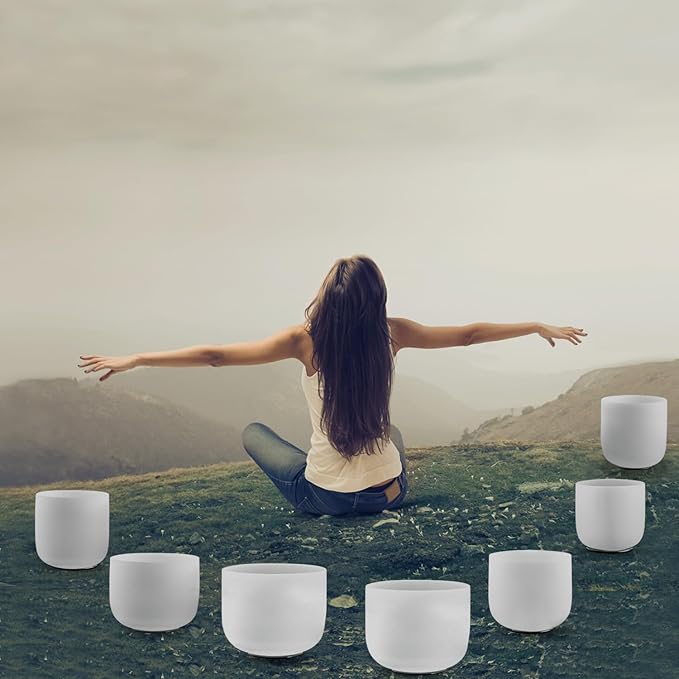 KRESEC 440Hz 6-12 Inch Crystal Singing Bowls Set of 7 – Chakra Tuned Quartz Sound Bowls for Meditation, Yoga, Reiki & Healing with Padded Cases, Suede Mallets & Silicone O-Rings - Bloomnest