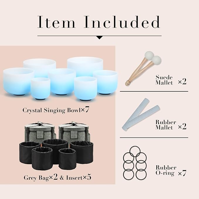 CVNC 432HZ 6-12 Inch Azure Blue Color Aria Gradient Design Frosted Quartz Crystal Singing Bowls Chakra Set of 7 with Carry Case Bags for Sound Healing and Meditation - Bloomnest