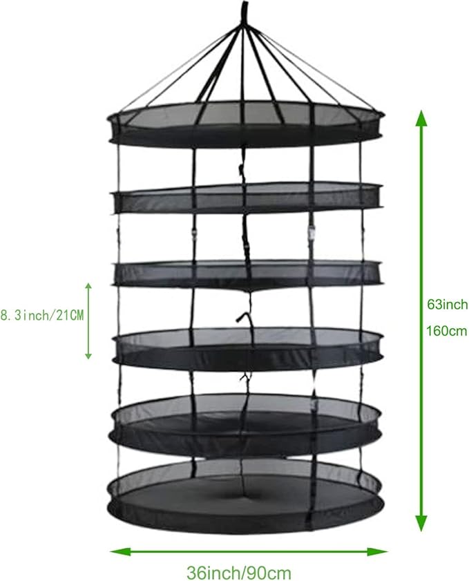HORTIPOTS Herb Drying Rack 360 Degree Access 3 Feet Clip Adjustable Center Support Straps NO Sagging Fine Mesh Netting (Heavy Duty Clips 3FT) - Bloomnest