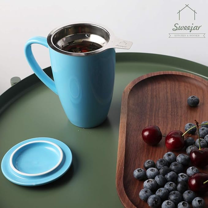 Sweejar Porcelain Tea Infuser Mug with Lid, 16 oz Teacup with Strainers for Loose Leaf Tea, Microwave and Dishwasher Safe Coffee Mug(New Jade) - Bloomnest