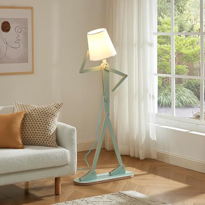 Unique Mini Wood Floor Lamp for Living Room Bedroom Office Farmhouse - Cute Corner Decorative Reading Standing Light Creative Swing Arm Arc Design Gift for Kids Room (Green Mini) - Bloomnest