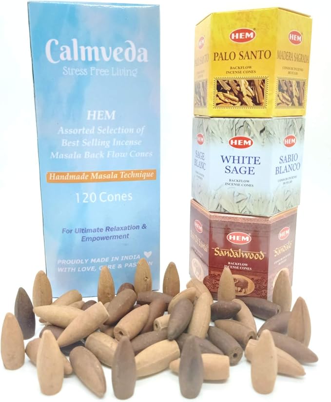 Hem Backflow Incense Cones for Waterfall (3 Types, 120 Cones) - Palo Santo, White Sage & Sandalwood | Strong Heavenly Scent With Thick White Fountain - Bloomnest