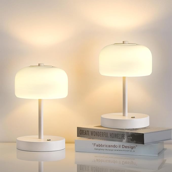 Oneach 9in Cordless LED Mushroom Table Lamp Touch 3 Way Dimmable Bedside Small Lamp Battery Operated Rechargeable Modern Nightstand Desk Lamp for Bedroom Living Room Restaurant White(2 Pack) - Bloomnest
