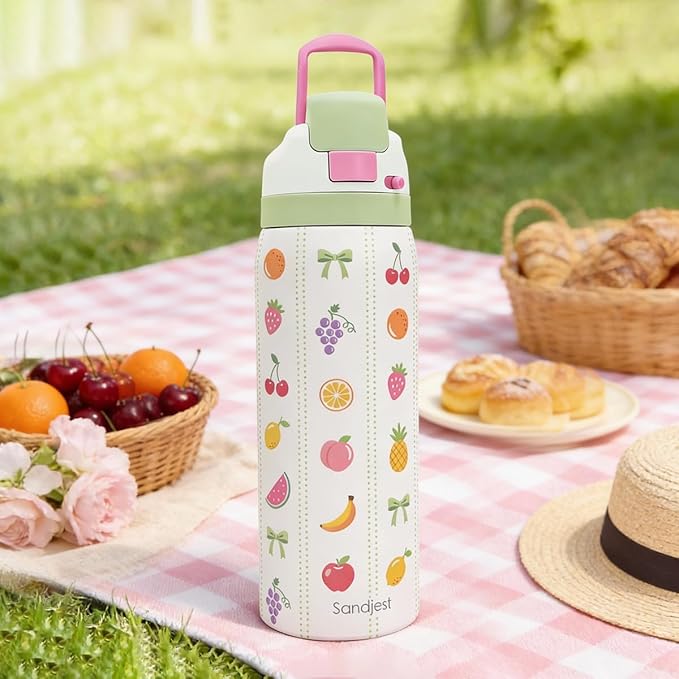 Fruits Stainless Steel Water Bottle, Vacuum Insulated, Push-Button Lid, 32 oz, Gifts for Women Girls Friends Teens Birthday Christmas SANDJEST