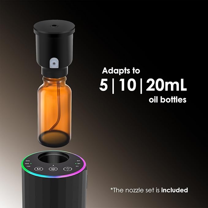 Waterless Essential Oil Diffuser, 7 Colors LED Light, Battery Powered Mini Scent Air Machine, Aromatherapy Mist Diffuser for Home Room Car Office,Black Aluminum Alloy - Bloomnest