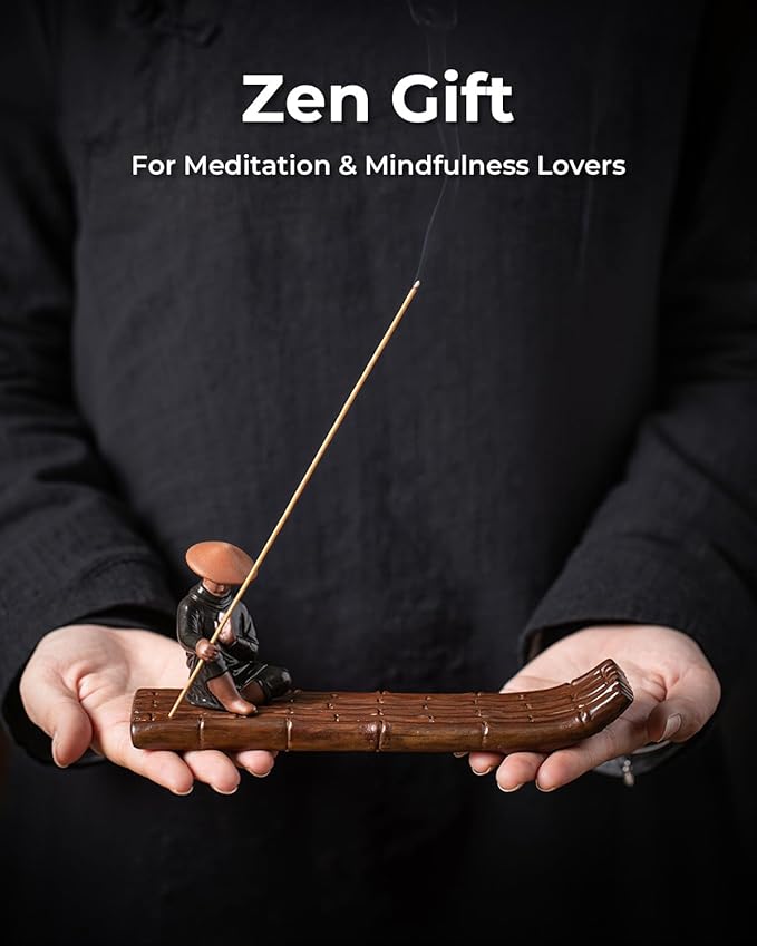 Ceramic Incense Stick Holder with Ash Catcher - Kung Fu Samurai on Bamboo Raft, Chinese & Japanese Home Decor for Meditation, Spa, Yoga - Bloomnest