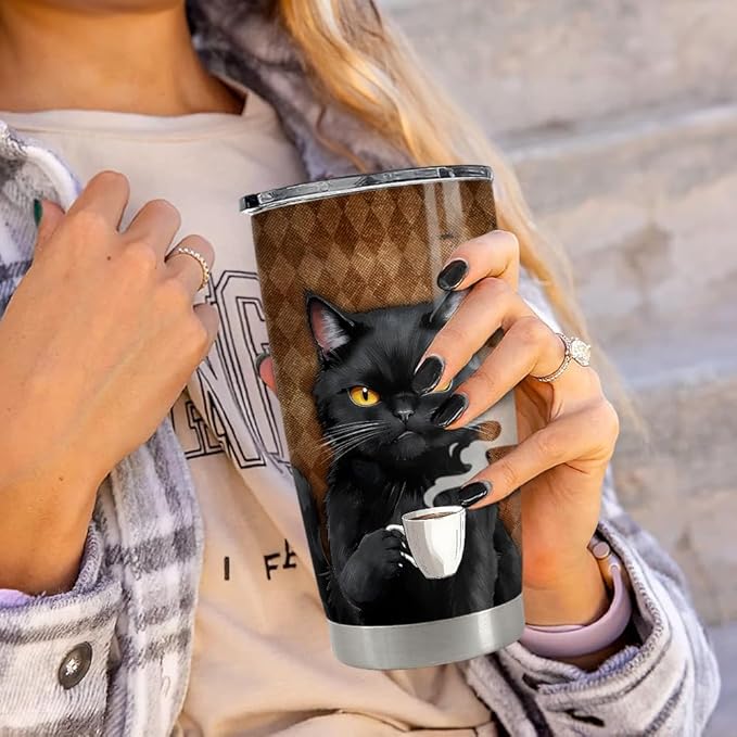 Black Cat Tumbler 20oz Stainless Steel Insulated Coffee Travel Mug Cup for Men Women on Birthday Christmas - Bloomnest
