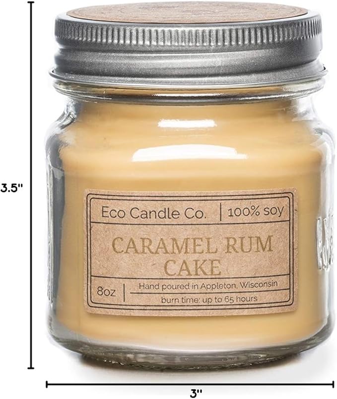 ECO CANDLE CO. Mason Jar Candle, Caramel Rum Cake, 8 oz. - Scents of Caramel, Rum, Maple, Almond, Pear, & Vanilla - 100% Soy Wax, No Lead, Kraft Label & Antiqued Pewter Lid, Hand Made - Bloomnest