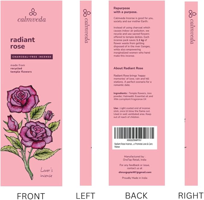 Rose Incense Sticks, 80 Sticks - Charcoal Free, Handmade by Indian Artisans, Perfect Housewarming Gift, Promotes Love & Care