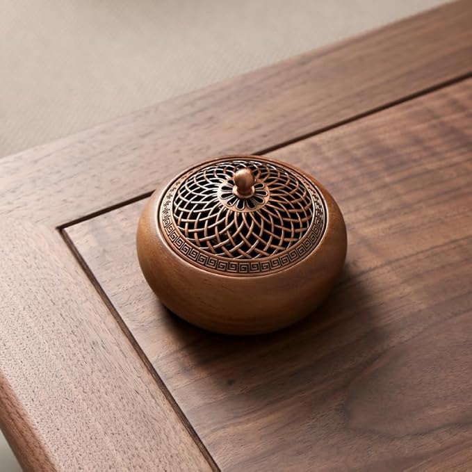 Round Incense Burner - Handcrafted Wooden Censer with Alloy Lid for Sticks/Cones/Sage, Natural Wood Aroma Tray Holder for Yoga Meditation - Bloomnest