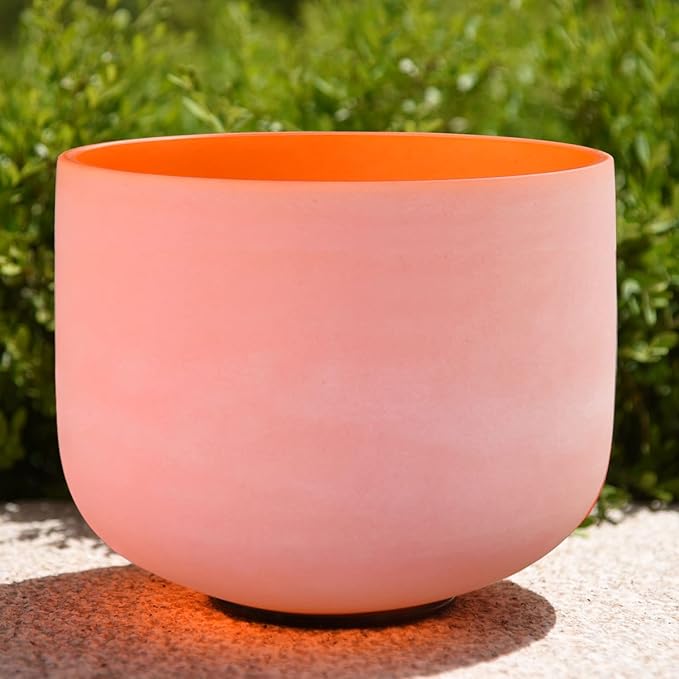 RYAN DVAN 8” D Note Orange Frosted Sacral Chakra Crystal Singing Bowl with Free Heavy-Duty Carrying Case and Suede Striker O-Ring - Bloomnest