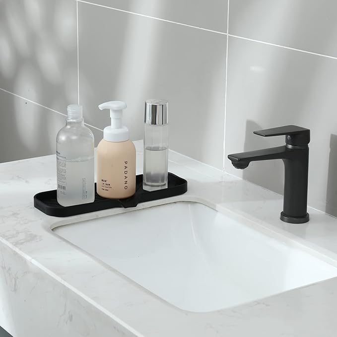 Silicone Bathroom Soap Dishes with Drain Spout-Bathroom and Kitchen Sink Organizer,Sponge Holder,Dish Soap Tray,Perfect for Dispenser,Scrubber,Bottle,Cup on Sink or Counter-Black 12"×4" - Bloomnest