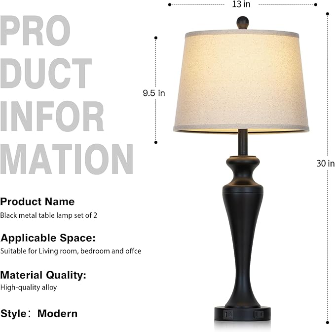 30 Inch Black Table Lamp Single, 3-Way Dimmable Touch Control Living Room Lamps with USB A+C Ports and AC Outlet, Tall Bedside Lamps for Nightstand, Modern Metal Bedroom Lamp, Bulb Included - Bloomnest