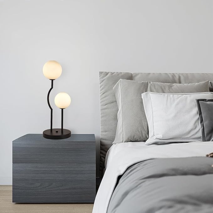 Black Mid Century Globe Table Lamp Industrial Retro 2 Lights Orb Desk Lamp with White Glass Globe Bedside Reading Light for Bedroom Living Room Study Room - Bloomnest