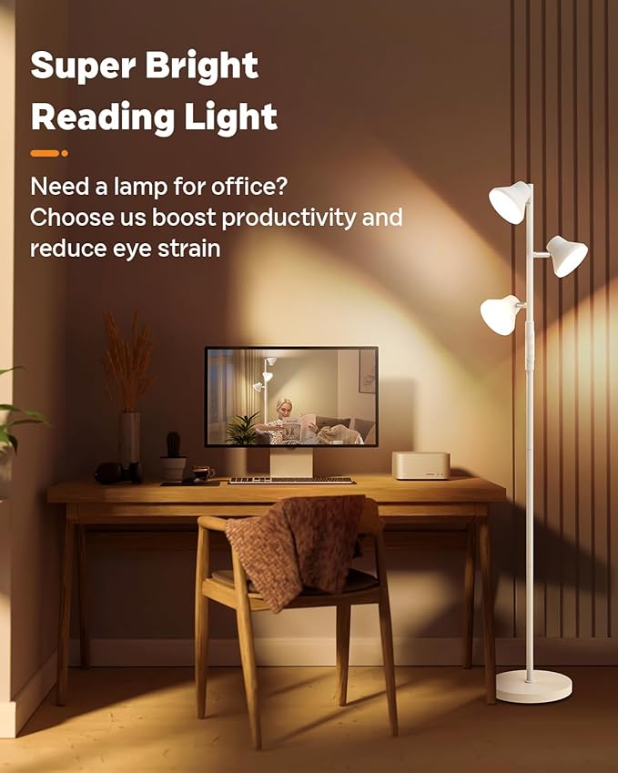 White Floor Lamp, 36W Modern Dimmable Standing Lamp 2700-6500K, 3 Rotatable LED Lights Reading Tall Lamp, Touch & Remote Control Floor Lamps for Living Room Bedroom Office - Bloomnest