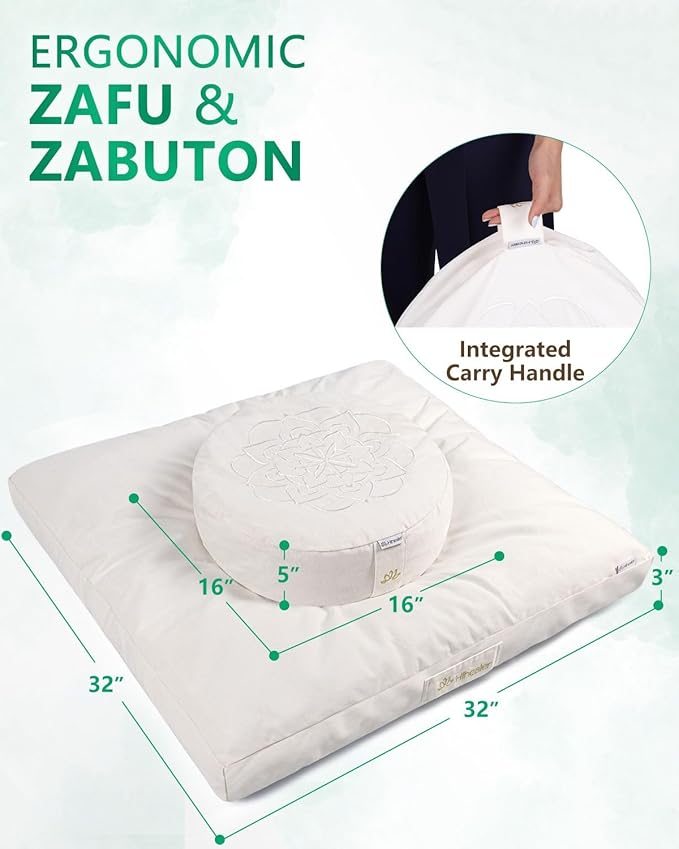 Hihealer Meditation Cushion Set Large Cotton Floor Pillow & Traditional Tibetan Yoga Bolster for Adults Zafu Meditation Mat with Buckwheat Filling (Pure White) - Bloomnest