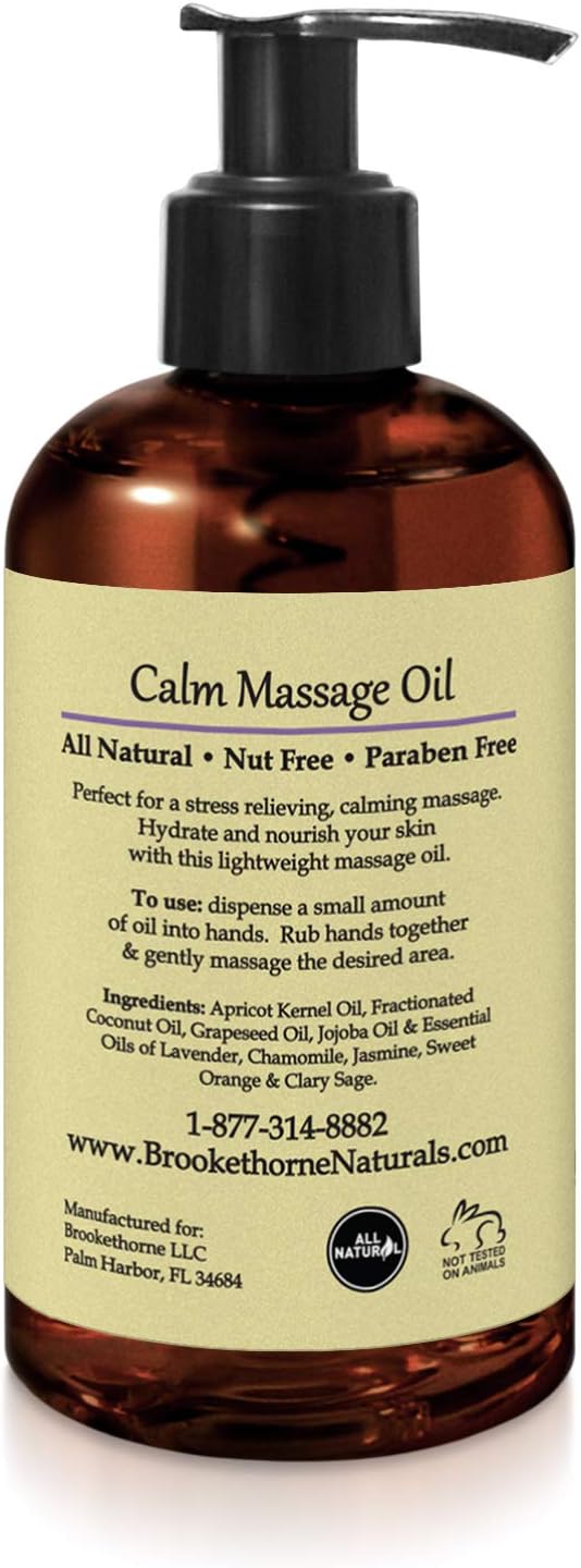 Calm Massage Oil for Massage Therapy with Lavender & Chamomile Essential Oils to Relax Sore Muscles | All Natural with Coconut, Grapeseed & Jojoba for Smooth Skin | Brookethorne Naturals 8oz - Bloomnest