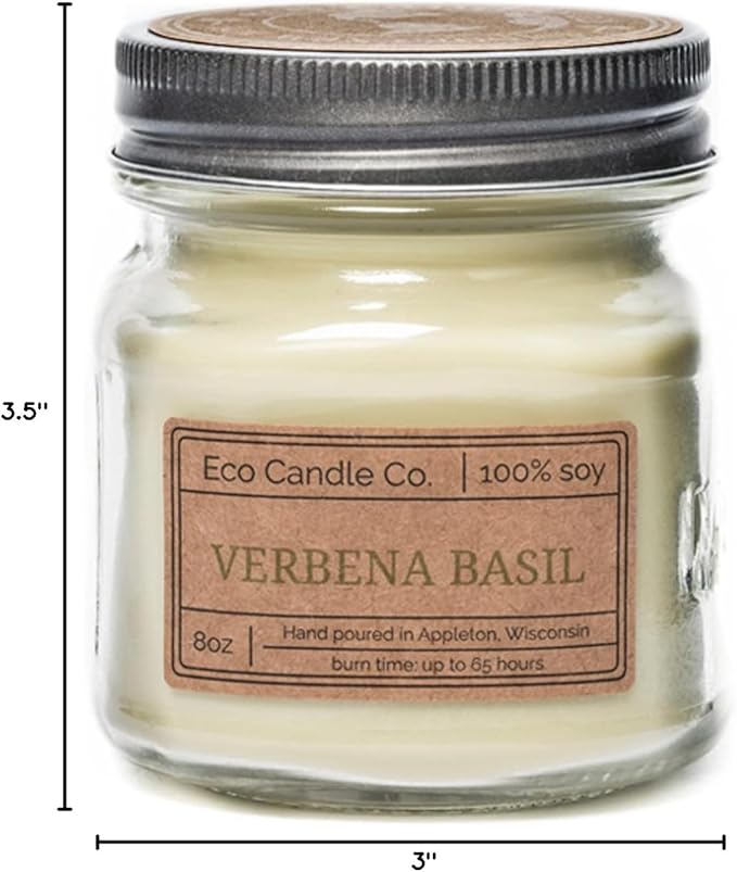 ECO CANDLE CO. Mason Jar Candle, Verbena Basil, 8 oz. - Scents of Lemons, Verbena, Basil, & Cedar - 100% Soy Wax, No Lead, Kraft Label & Antiqued Pewter Lid, Hand Poured, Midwest Grown Soybeans - Bloomnest