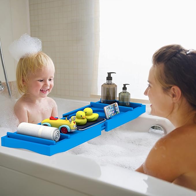 Domax Bathtub Caddy Tray - Expandable Bamboo Tub Tray for Luxury Spa Bath with Book Holder Free Soap Dish Blue - Bloomnest