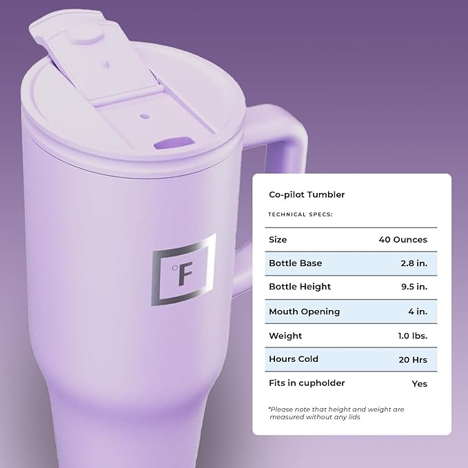 IRON °FLASK Co-Pilot Insulated Mug w/Straw & Flip Cap Lids - Cup Holder Bottle for Hot, Cold Drink - Leak-Proof- Water, Coffee Portable Travel Tumbler - Lavender, 40 Oz - Bloomnest