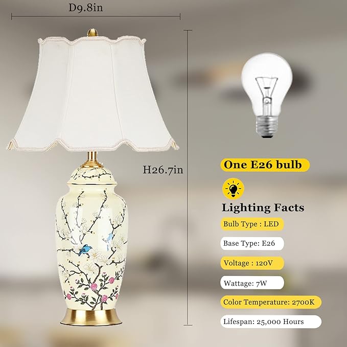 Flower Bird Ceramic Table Lamp, Rustic Vintage White 26.7" Tall Coastal Bedside lamp, Ceramic Lamp Body with Fabric Tapered Drum Shade for Living Room Bedroom House Bedside Nightstand Home - Bloomnest