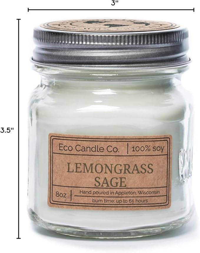 ECO CANDLE CO. Mason Jar Candle, Lemongrass Sage, 8 oz. - Scents of Lemongrass & Sage - 100% Soy Wax, No Lead, Kraft Label & Antiqued Pewter Lid, Hand Poured, Made from Midwest Grown Soybeans - Bloomnest