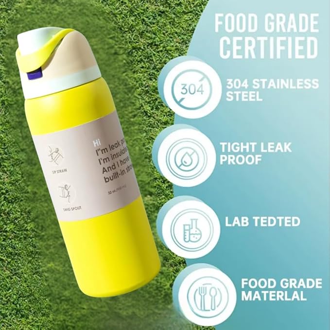 DUTHINGS Insulated Stainless Steel Water Bottle with Straw, 32 oz, Reusable Sports and Travel Bottle for School, Kids, and Outdoors - Leakproof and BPA-Free (YELLOW) Bloomnest