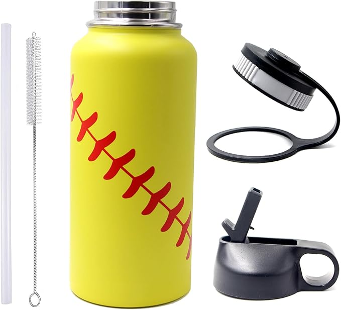 32 oz Softball Water Bottle, Wide Mouth Sports Flask Metal Travel Tumbler with 2 Lids, Stainless Steel Double Wall Vacuum Insulated Leak Proof Thermo Water Bottles, Softball Stuff Gifts for Mom Girls - Bloomnest