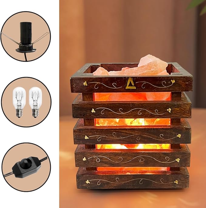 Himalayan Salt Lamp(Wooden Basket with Natural Chunks), Dimmable, Classic Design, Extra Bulb, Unique Gift Idea (EngravedBasket) - Bloomnest