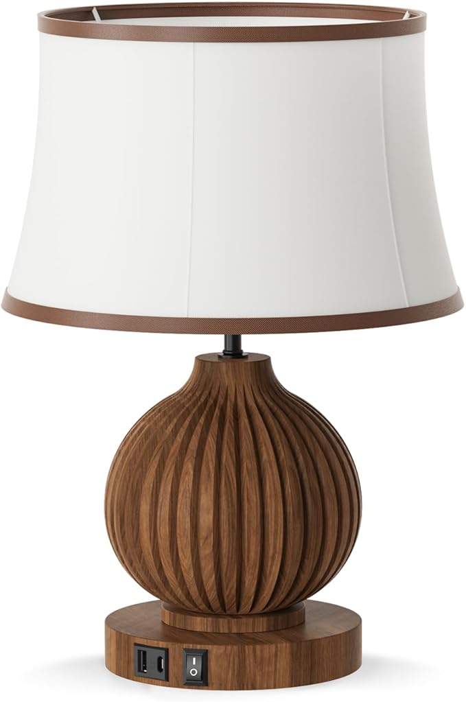 JESLED 18" Vintage Walnut Wooden Table Lamp for Living Room,Farmhouse Rustic Bedside Lamp for Bedroom Room,Office, End Table Home Decor - Bloomnest