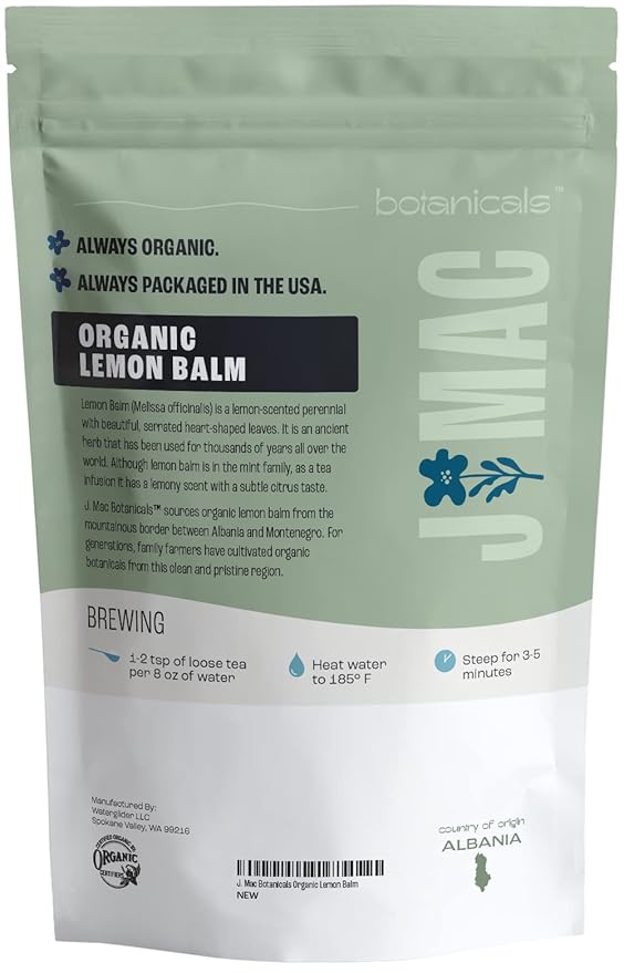 J Mac Botanicals Organic Lemon Balm (4 oz), Loose Leaf Tea, Dried Lemon Balm Tea, herbal Infusion, Lemon balm leaves, melissa officinalis tea, Certified USDA Organic - Bloomnest