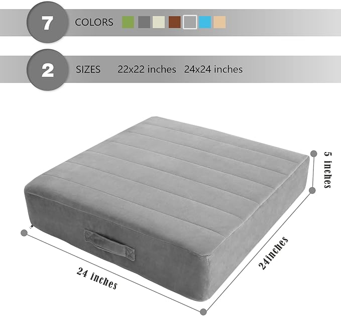 MeMoreCool Square Floor Pillow for Adults and Kids, Large Meditation Cushion with Thick Foam and Washable Tufted Cover, 24-Inch Grey Seat for Sitting and Yoga