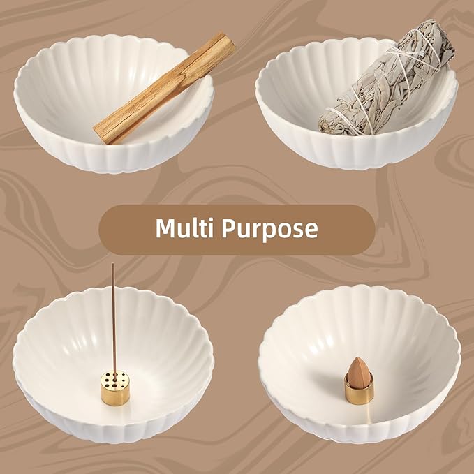 Incense Holder for Sticks, Ceramic Smudge Bowl Ash Catcher for Incense, Cones, Sage and Palo Santo, Incense Burner Holder Ideal for Smudging, Incense Burning, Decoration (White) - Bloomnest