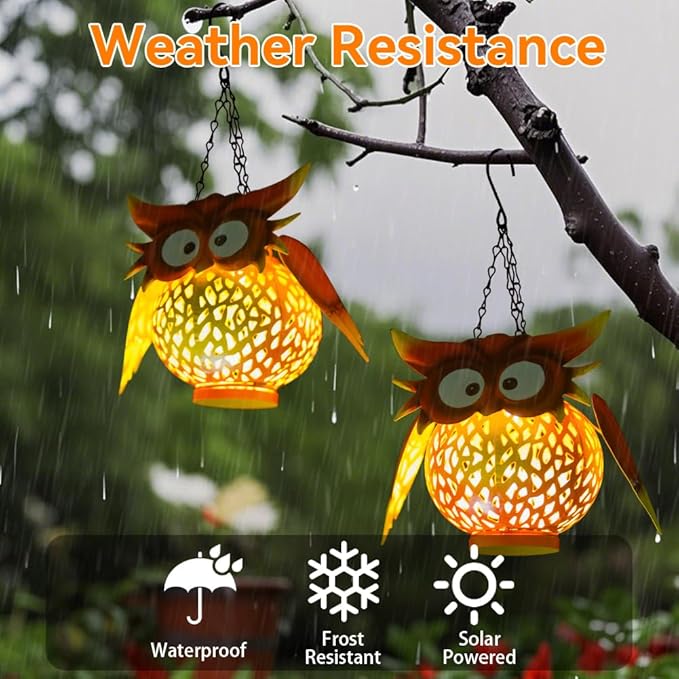 Starsoul 2 Pack Owl Hanging Solar Lanterns Waterproof Solar Garden Lights Outdoor Decorative Metal Owl Lamp Decor for Patio Yard Table - Bloomnest
