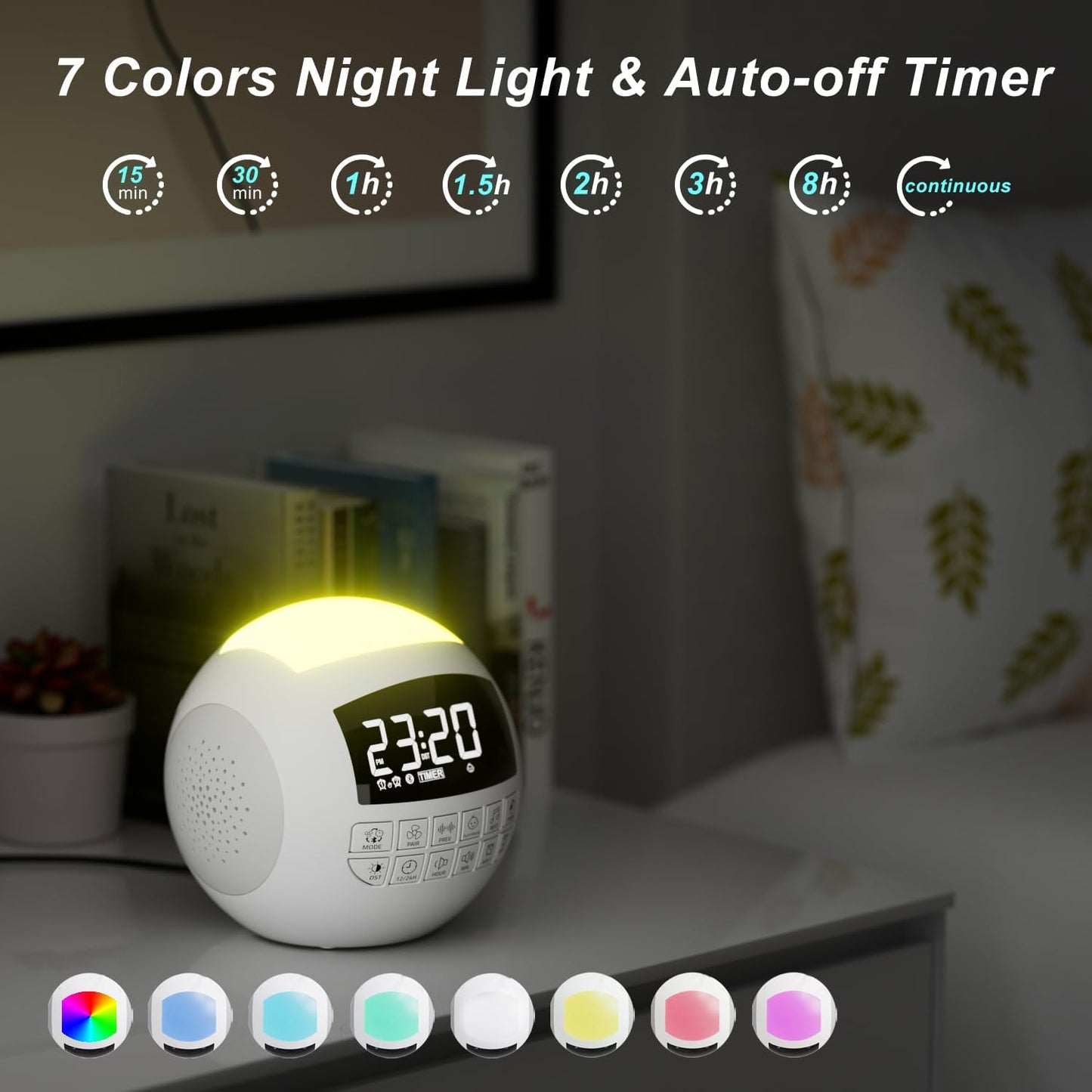 42 Sound White Noise Machine for Kids Adult Baby Sleeping + Bluetooth + Nightlight, Lullaby/Nature Soothing Sounds, 2 Alarm Clock for Bedroom Home, Adjustable Volume, 15-480 Timer, USB & AC PoweredâŠ