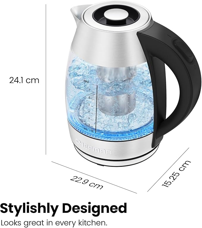 Chefman Electric Kettle for Boiling Water, 1.8L 1500W, Removable Tea Infuser, Auto Shut Off, Boil-Dry Protection, BPA Free, Borosilicate Glass, Hot Water Boiler, Electric Tea Kettle - Stainless Steel - Bloomnest