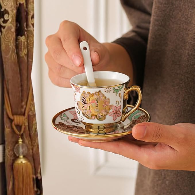 CHANJOON Gold Plated Red Rose Ceramic Tea Set, Vintage Tea Sets with Teapot, Beautiful Tea Set Coffee Serving 6 People (pink, Medium) - Bloomnest