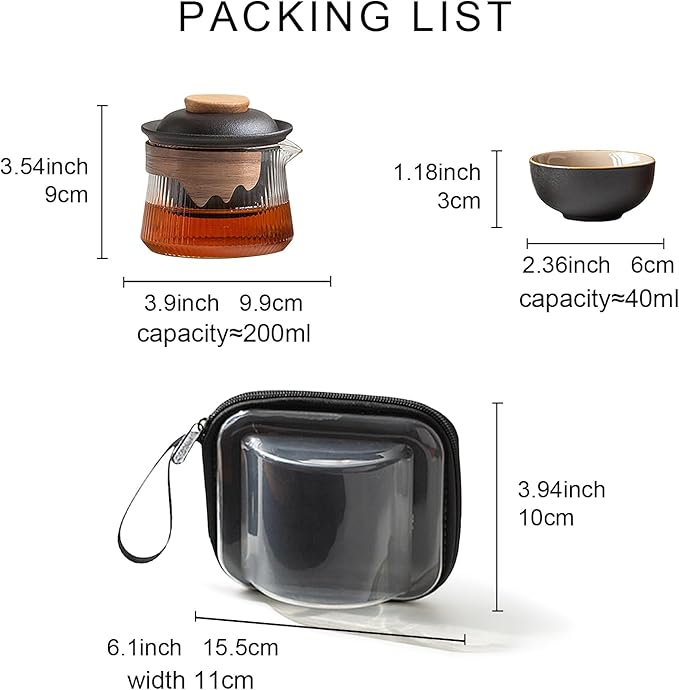 fanquare Ceramic Tea Pot Set for 2 Porcelain Kung Fu Tea Set with Mini Teacups Tea Infuser Portable Handbag for Travel Tea Pot with Wooden Protection Layer, Black - Bloomnest
