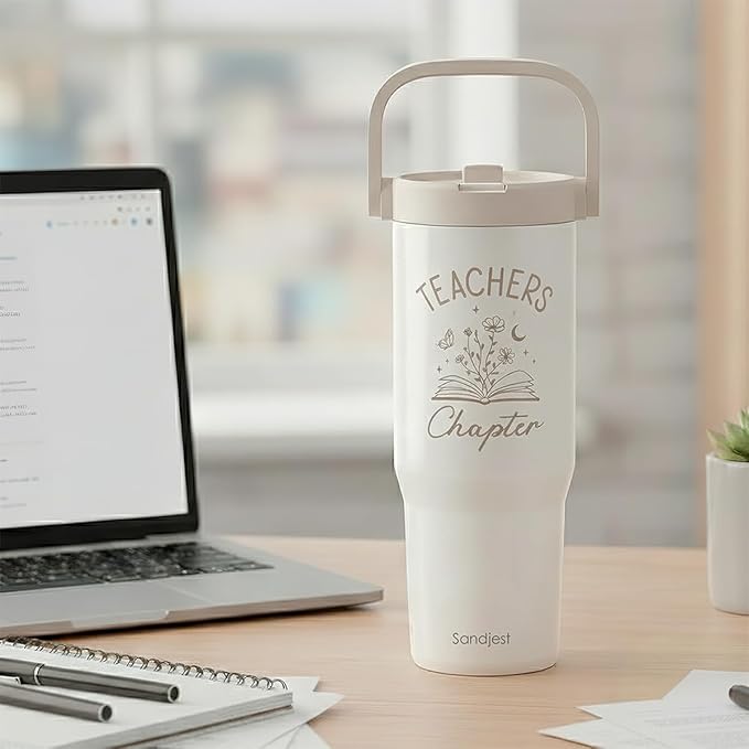 SANDJEST Teacher Stainless Steel Straw Lid Tumbler 30oz with Carry Handle for Women Girls, Insulated Travel Coffee Cup, Gift for Sports Workout Christmas Birthday Teacher's Day - Bloomnest