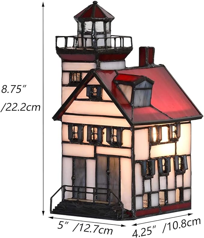 Bieye L10778 Lorain Lighthouse Tiffany Style Stained Glass Accent Table Lamp Night Light for Home Decoration (4x5x9, Red) - Bloomnest