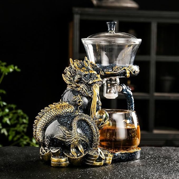 Glass Teapot Set with Infuser Semi Automatic Dragon Tea Set with 6 Small Cups (Blue golden dragon) - Bloomnest